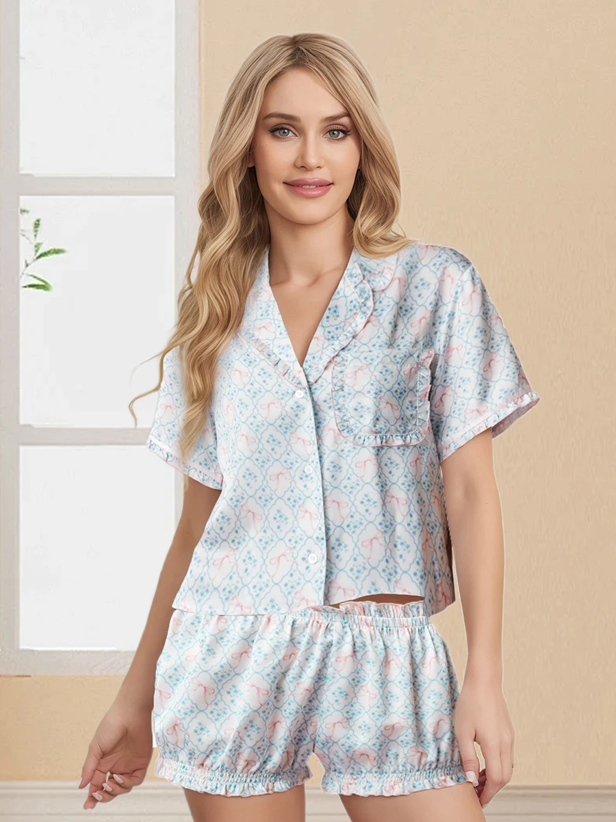 Women s 2 Piece Pajamas Set Short Sleeve Floral Print Top Ruffle Hem Shorts Lounge Wear Sleepwear Set