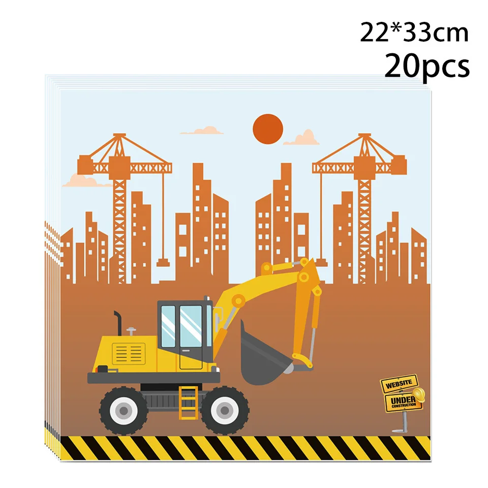 1set Construction Bulldozer Series Disposable Tableware Paper Cups Plates Truck Balloons For Boy's Birthday DIY Party Decoration 