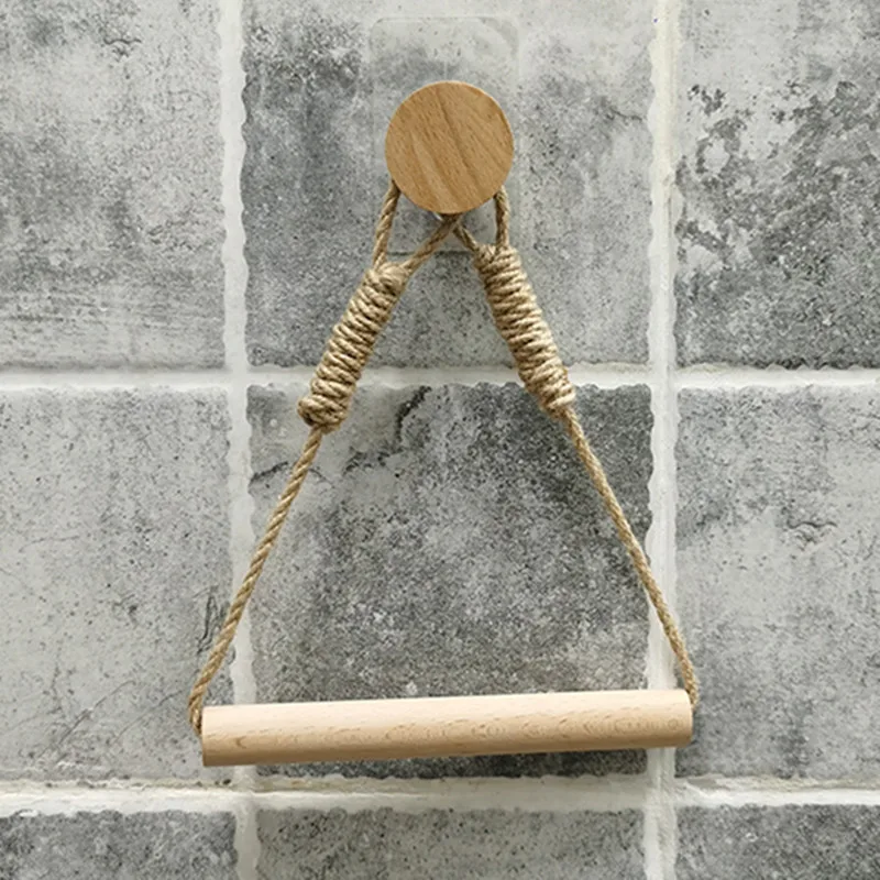 Wall hangs Wooden Paper Towel Holder Bedroom Triangle Paper Rack Bathroom Wall Towel Decir Hemp Toilet Towels