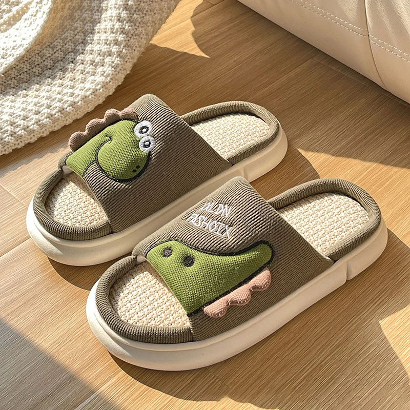 Casual Platform Slippers Women Home Cotton Hemp Cute Cartoon Dinosaur Designer Shoes Girls Flats Fashion Slipper Ladies Open Toe 6