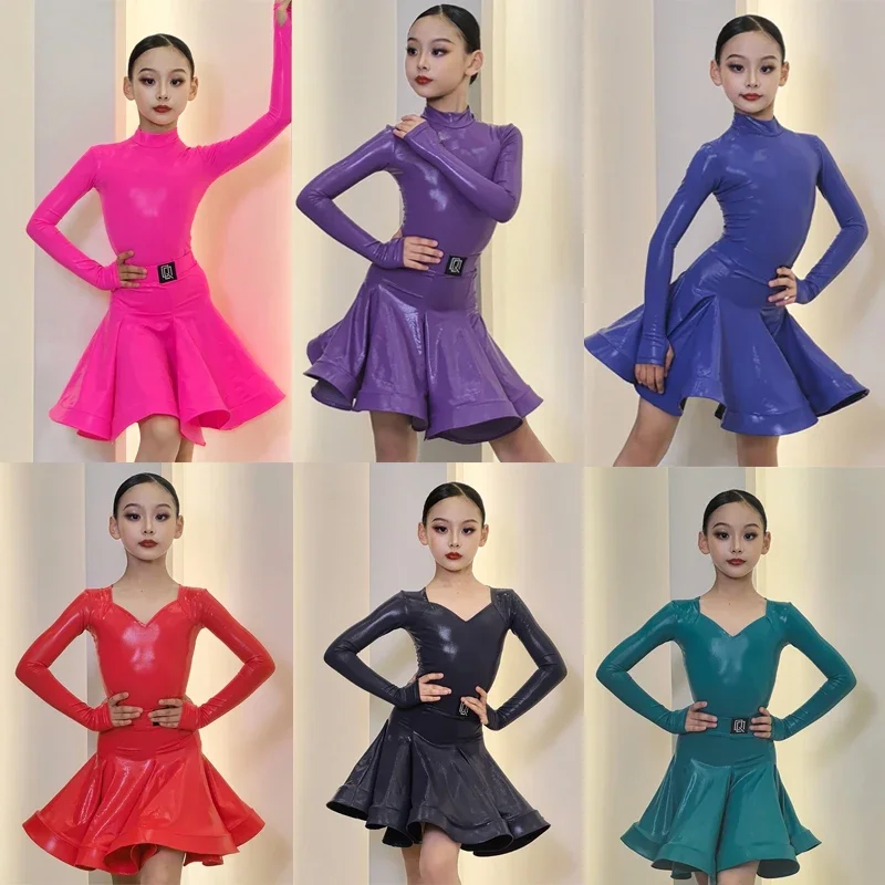 

6 Colors Bright Leather Latin Dance Professional Dresses Girls Ballroom Dance Competition Clothes Stage Performance Wear SL9720