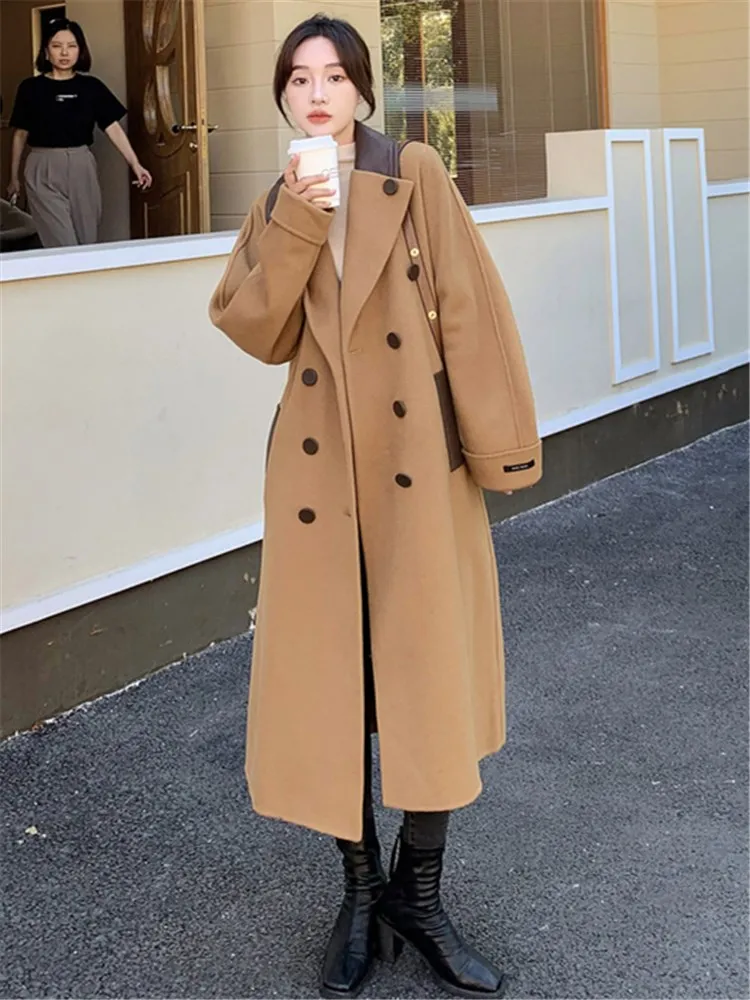 

England Style Long Woolen Jacket Overcoat 2022 Winter Women Retro Elegant Double Breasted Spliced Leather Trench Coat Cloak 9618