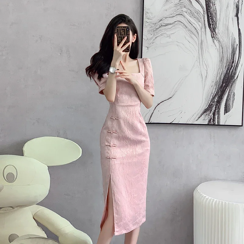 Ofallsis Pink Vintage Fashion Temperament Gentle Improved Cheongsam Dress Summer New Gentle Elegant Style Long Dresses