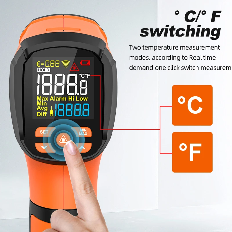 High-Temperature Digital Infrared Thermometer with Color LCD and Light Alarm