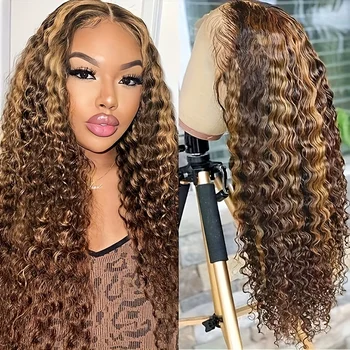 30inch Put on and Go Glueless Wig Human Hair Water Wave Honey Blonde Highlight 4x4 HD Lace Closure Human Hair Wig Pre Plucked