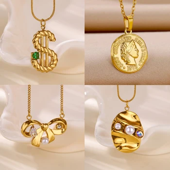 Stainless Steel Bow Necklace for Women Gold Color Geometric Dollar Sign Pendant Necklaces Fashion Wedding Waterproof Jewelry
