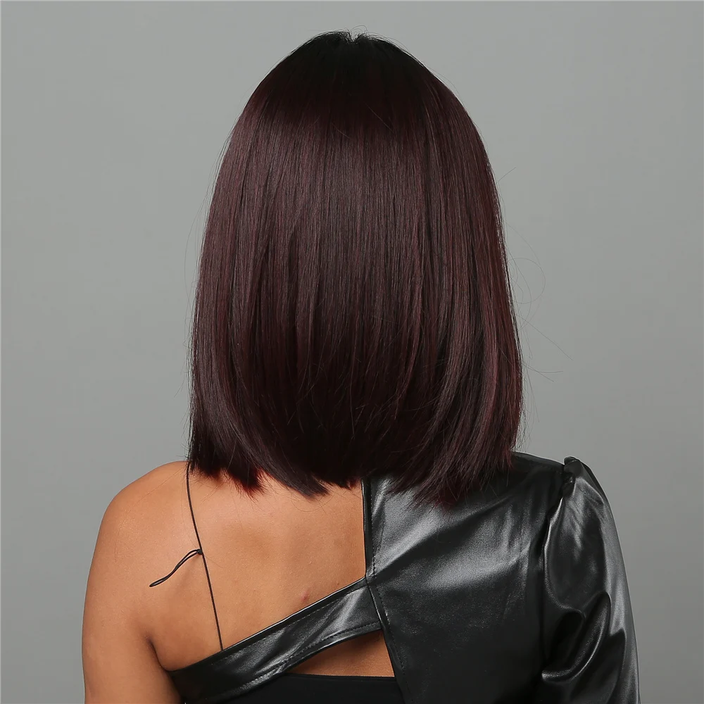 HAIRCUBE Bob-Perücken für Damen, kurze schwarze Bob-Perücke mit roten Highlights, Mittelteil, Kunsthaar-Perücken, hitzebeständiges Cosplay-Haar_voghion.com