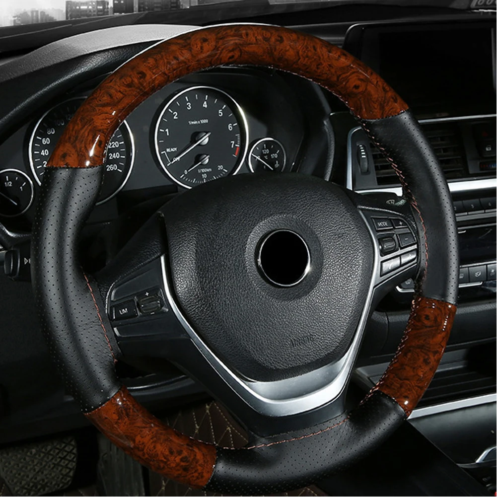 Universal Auto Lenkrad abdeckung Holzmaserung Hand nähen Leder rutsch fest verschleiß fest DIY Auto Interieur Styling fit 37-38cm – Detail 3