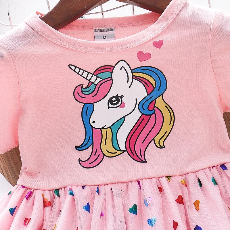 Girls Dress Cotton Cartoon Unicorn Splicing Mesh Party Princess For 2-6 Years Girls Birthday Clothes Summer