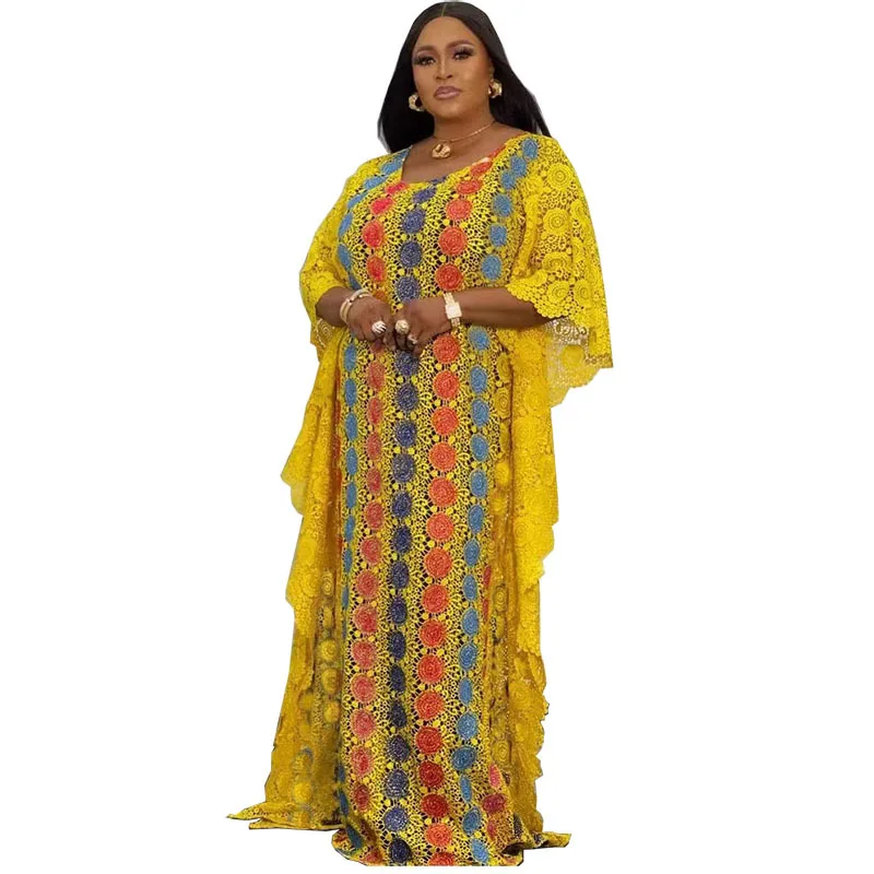 

2022 Lace Plus Size Dresses for Women Spring African Women Short Sleeve Yellow O-neck Long Robes African Dresses African Clothes