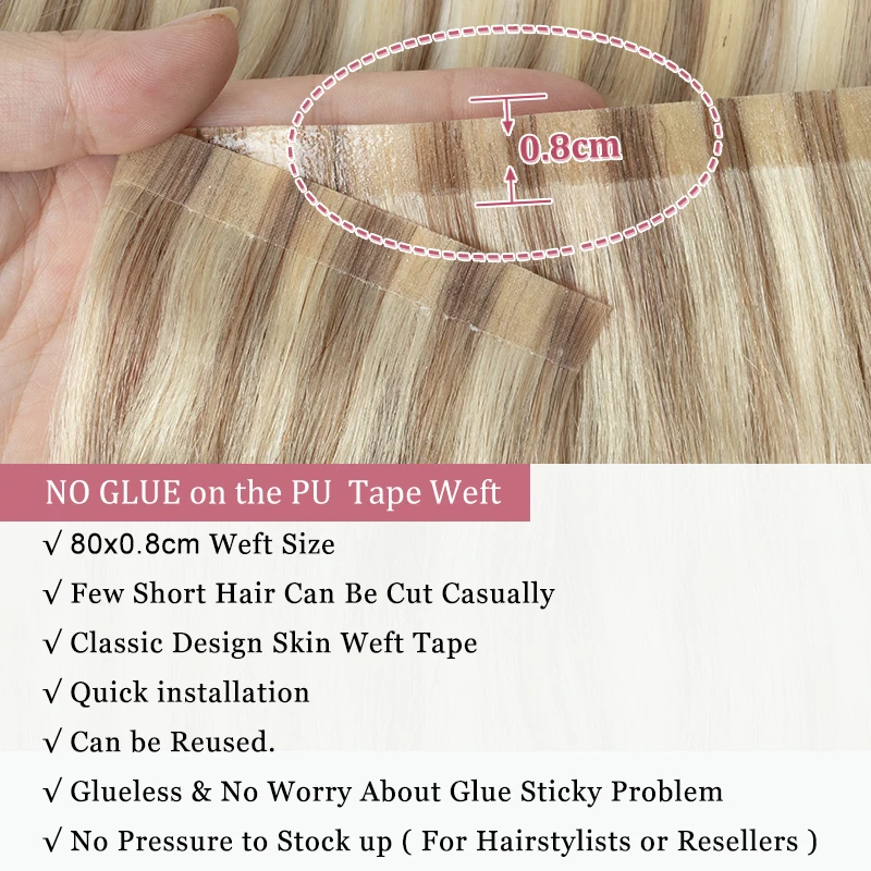 #P18-613 Seamless Tape Weft Long PU Skin Weft Tape in Human Extensions No Glue Natural Human Hair For Fine Hair 80cm Long