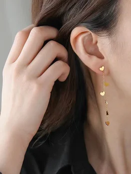 18K Gold Plated Stainless Steel Dainty Long Love Tassel Earrings for Women Small Disc Chain Shoulder Duster String Line Earrings