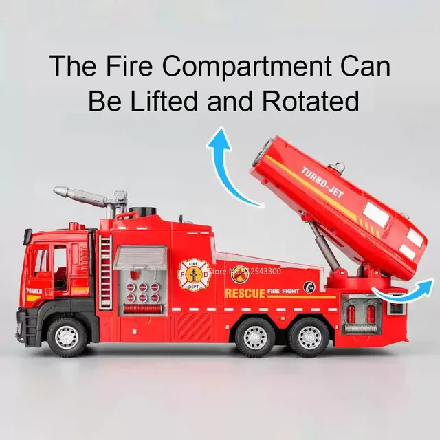1:32 Scale Water Spray Fog Fire Truck Model Toy Car Sound Light Pull Back Doors Opened Vehicle Models Collection Children Gifts 6