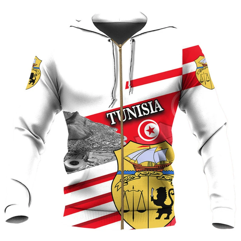 thumbnail image 1 of Sudadera con capucha y estampado de mapa de la bandera de Túnez 2024, nueva moda, sudaderas con capucha y cremallera con estampado 3D nacional tunecino, ropa para hombre, jerséis, 1 of 5