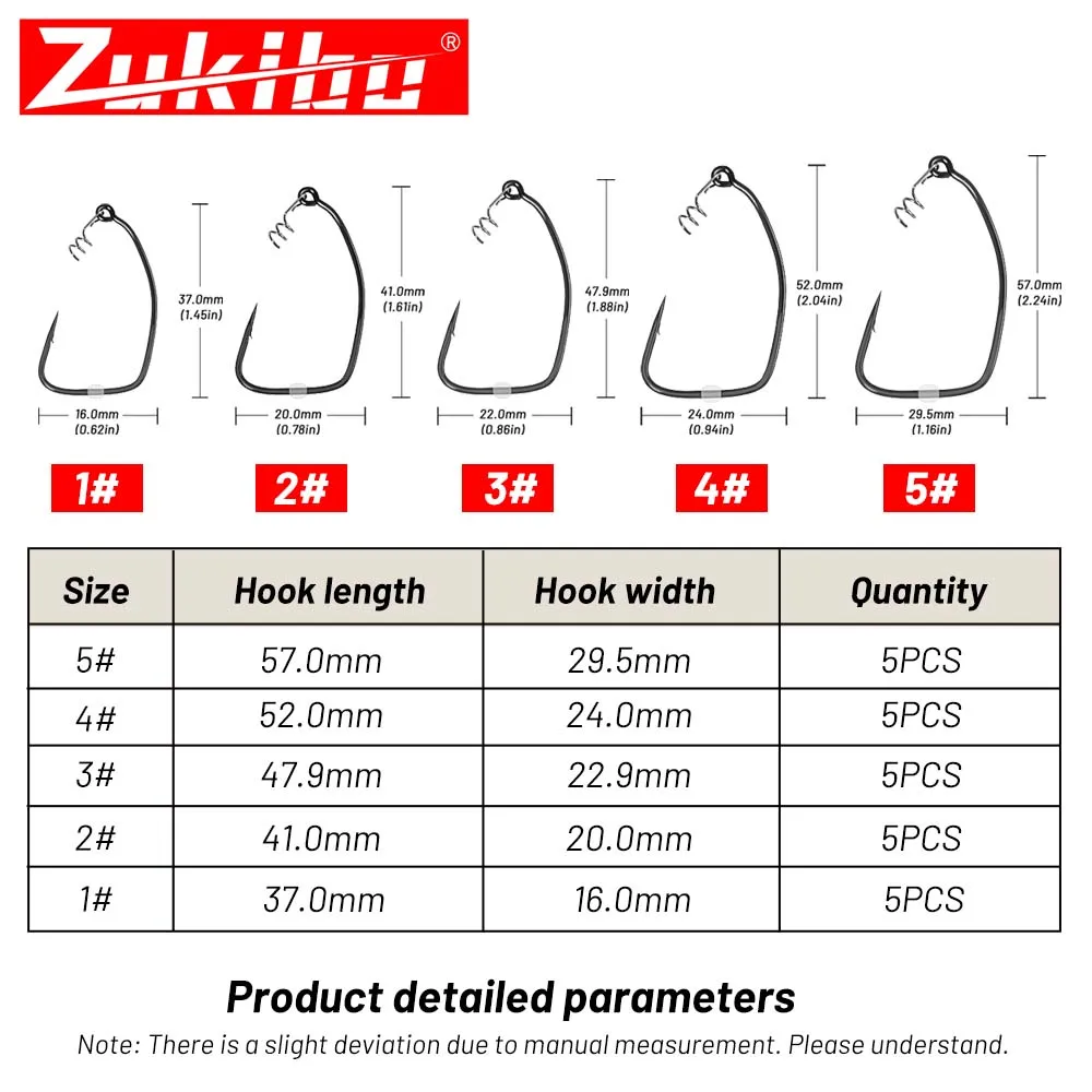 ZUKIBO5pcs Spring Spiral Lock Hook Long Crank Barbed Hook Worm Soft Bait Stainless Steel Rust-Proof Hook 3