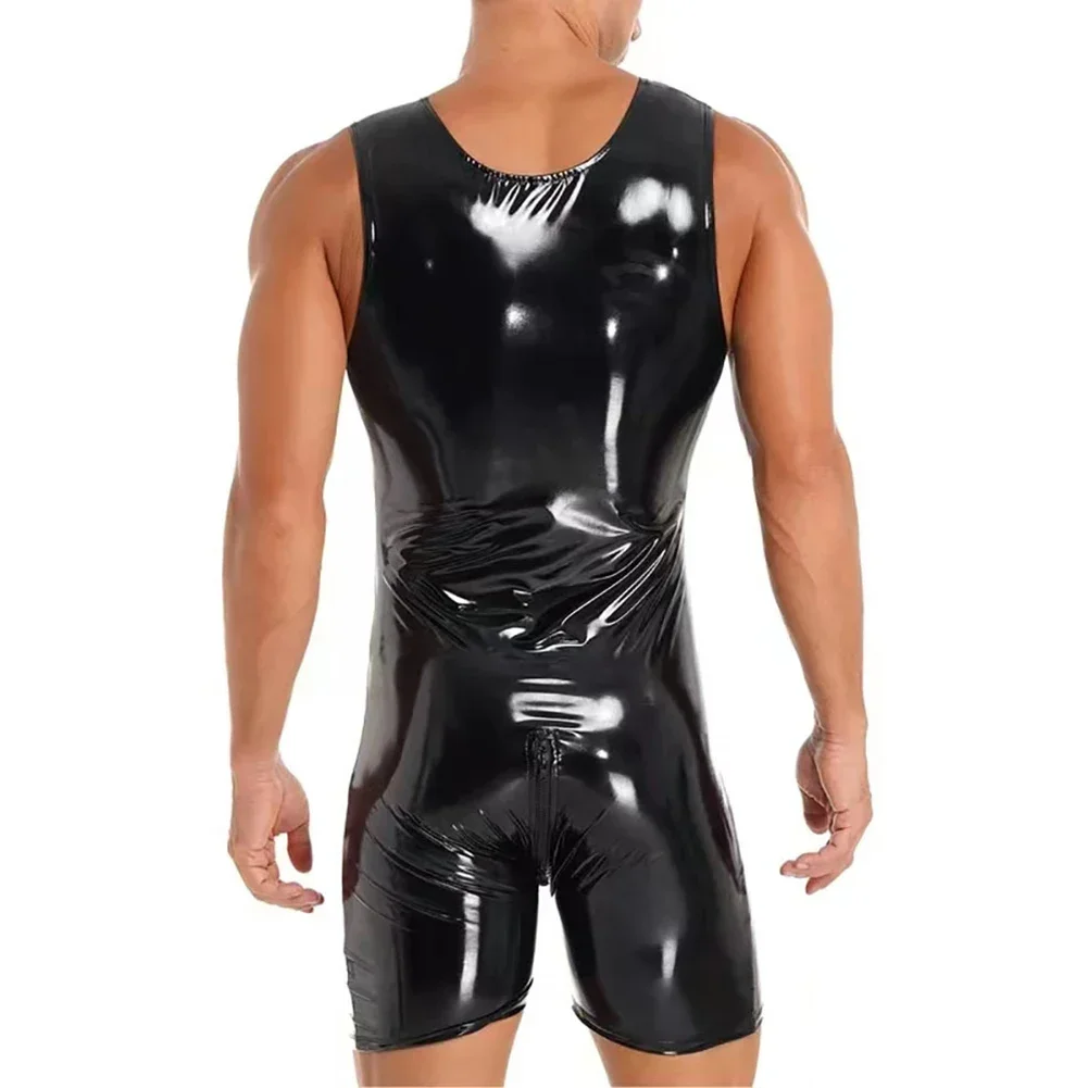 Male Bodysuit Costume Erotic Hombre Jumpsuit Male Erotic Lingerie Men Patent Leather Sexy Bodysuit Sleeveless