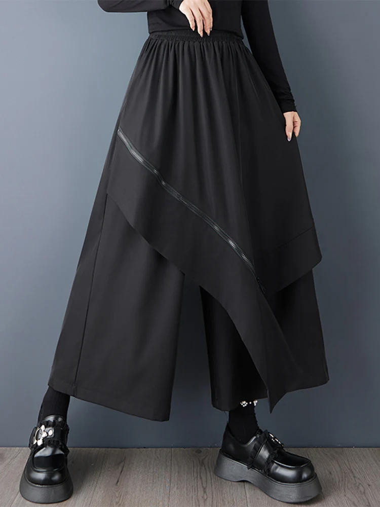 Black Vintage Irregular Spliced High Waist Wide Leg Pants Women New Casual Loose Ladies Trousers Fashion Spring Autumn 2025
