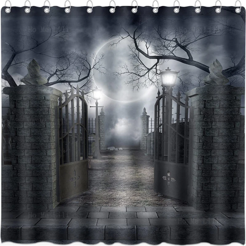 

Scary Night Courtyard Door Spooky Moon Dead Tree Street Lamp Halloween Shower Curtain Haunted House Horrifying Green Sky Bat