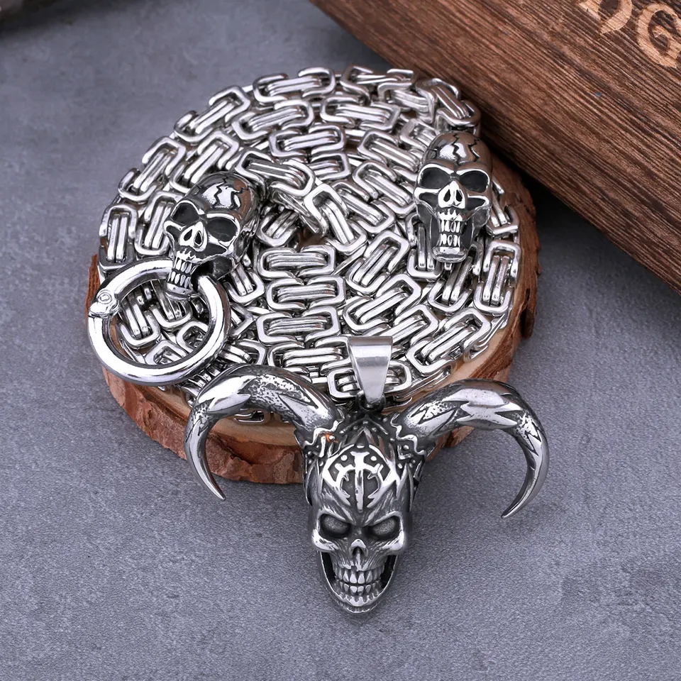 Set Collana E Anello Teschio Gotico Punk Rock – Ciondolo Diavolo In Metallo, Gioielli Hip Hop Vintage Per Uomo E Ragazzo - 4