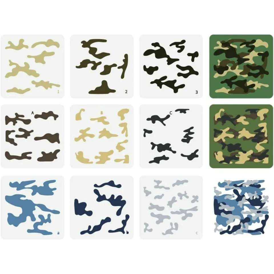 3pz Stencil Mimetico Militare, 30x30cm Modelli per Vernice Mimetica Riutilizzabili Stencil con Motivo Mimetico per Dipingere su Legno Tela Carta Tessuto Pavimento Parete