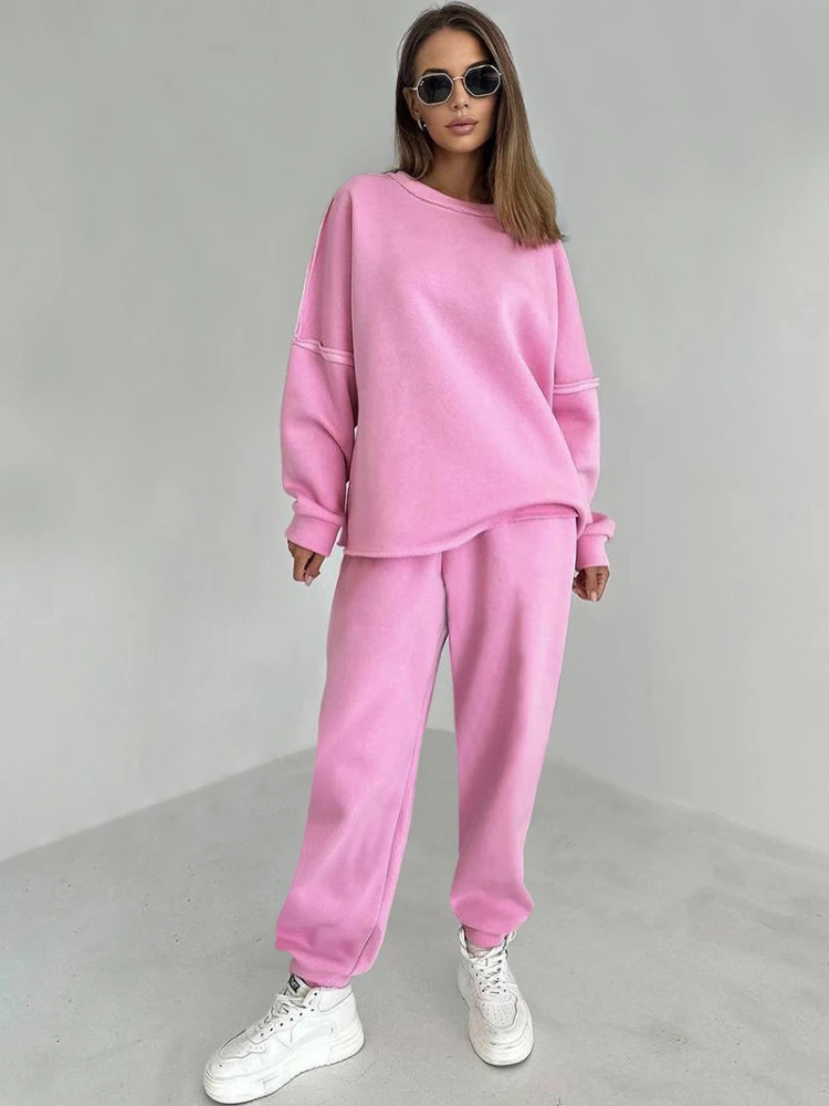

Women's Sweatshirt Pink O Neck Sports Fleece Hoodie and Pants High Waist Sweatpants Set Fashion Leisure Set Women Spring 2024