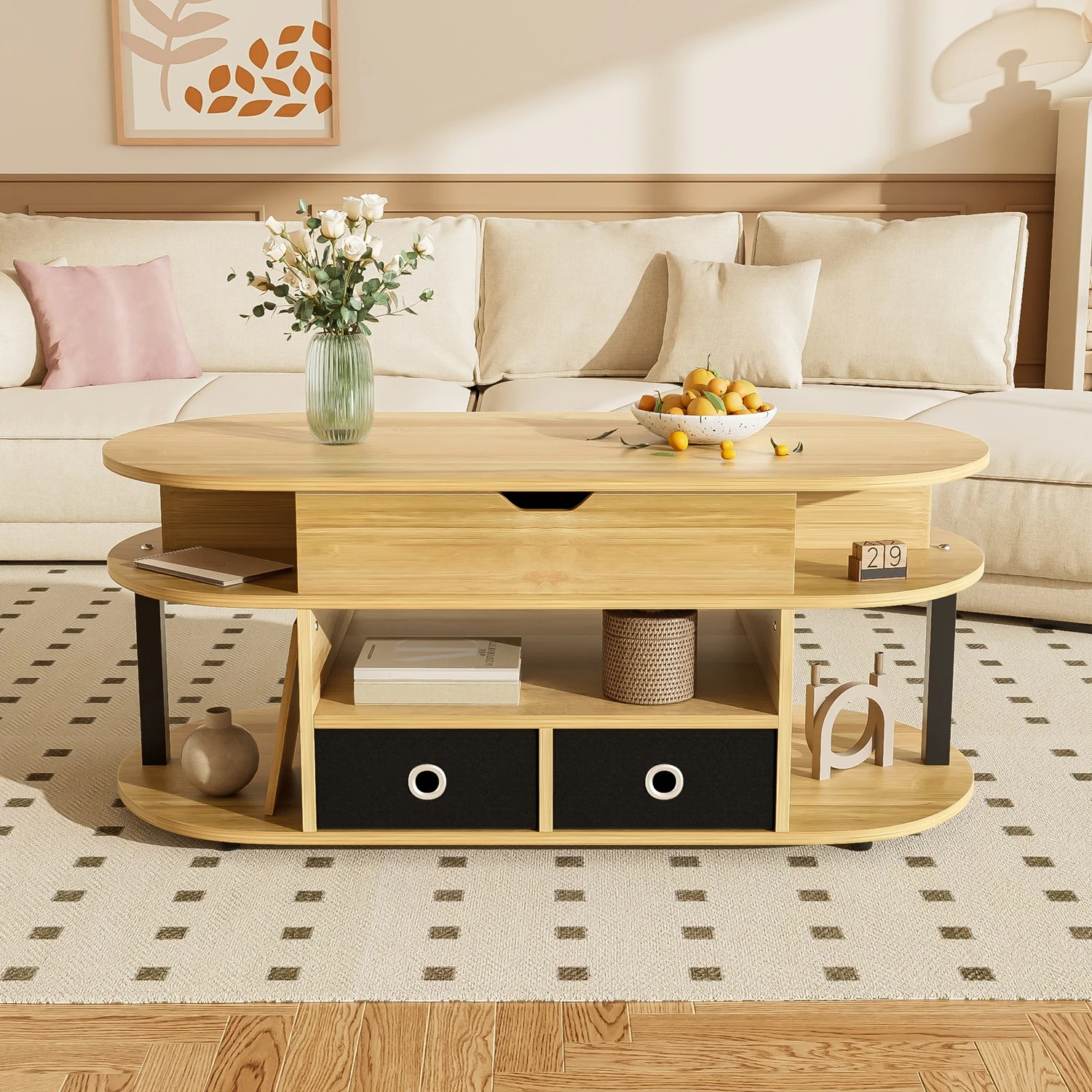 Modern Wooden Coffee Table With Lifting Function, Large Storage Space Black Fabric Drawers, Versatile Sidetable For Living Room – Detail 5