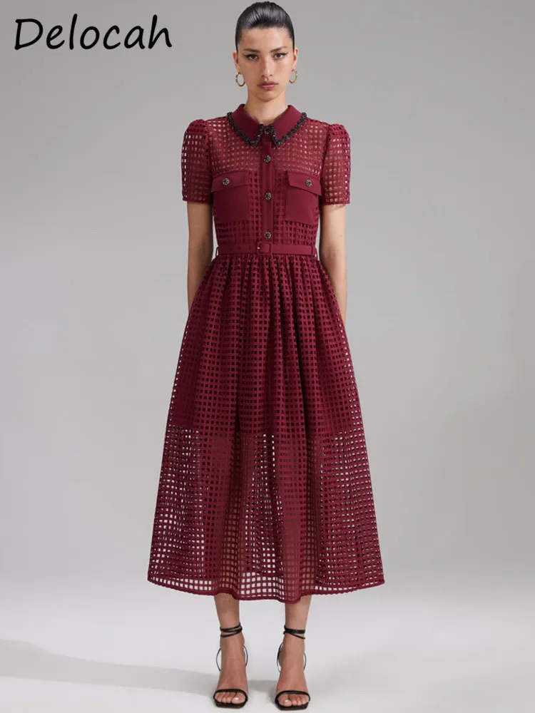 

Delocah High Quality Summer Women Fashion Designe Midi Dress Turn-down Collar Regular Single Breasted A-Line Midi Dress