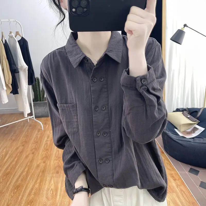 Spring Autumn New Solid Color Fashion Long Sleeve Shirt Women High Street Casual Loose Button Cardigan Cotton Hemp Chic Tops