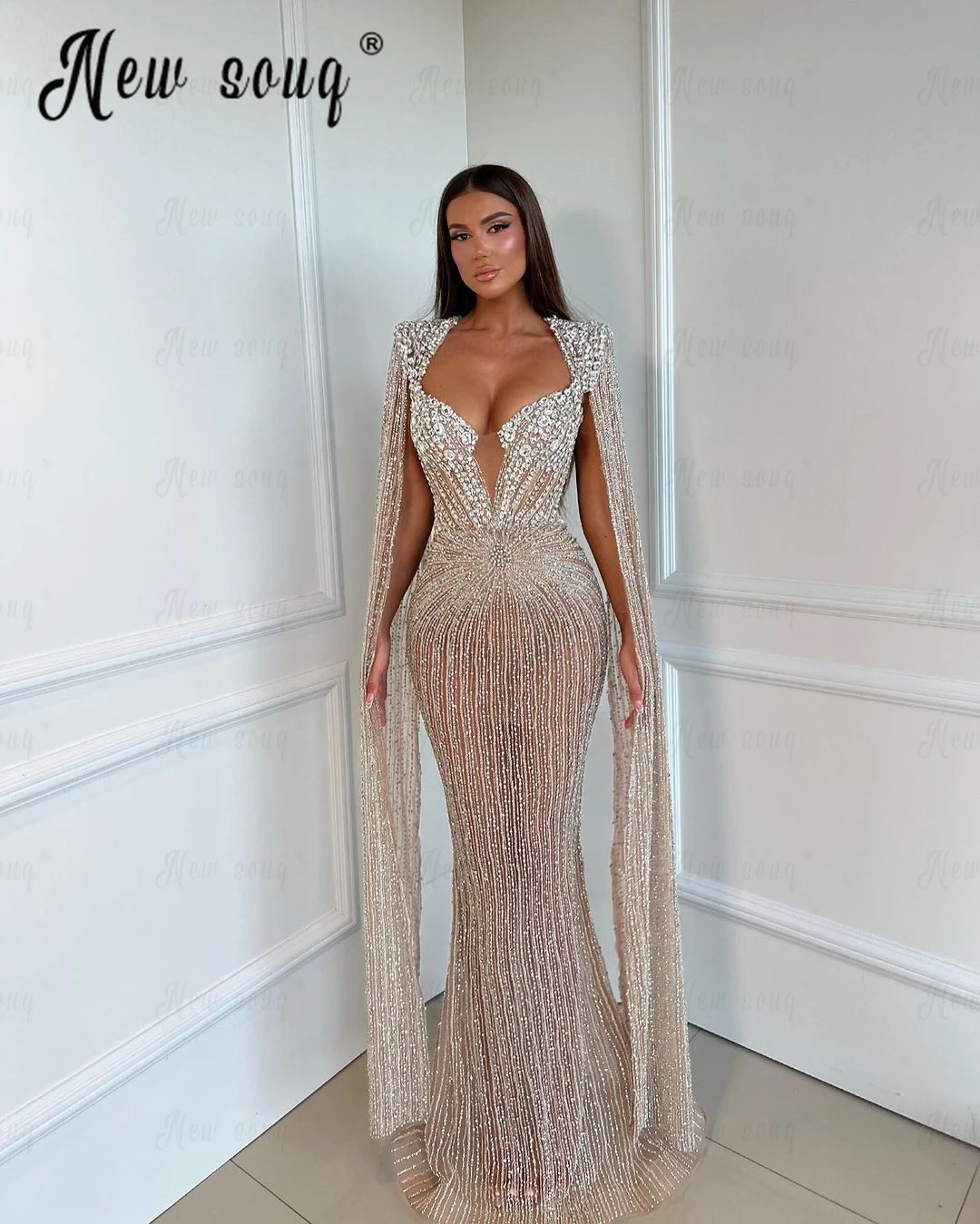 

High Quality Long Cape Sleeves Full Beaded Evening Dress Arabic Beautiful Queen Anne Formal Wedding Night Gowns Celebrity Dress