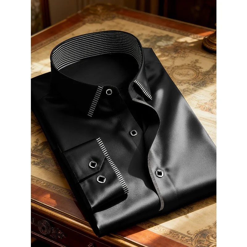 2025 جديد الرجال المرقعة قميص فساتين راقية سهرة كم طويل الذكية عادية أربعة الموسم رجل مايكرو مطاطا القمصان