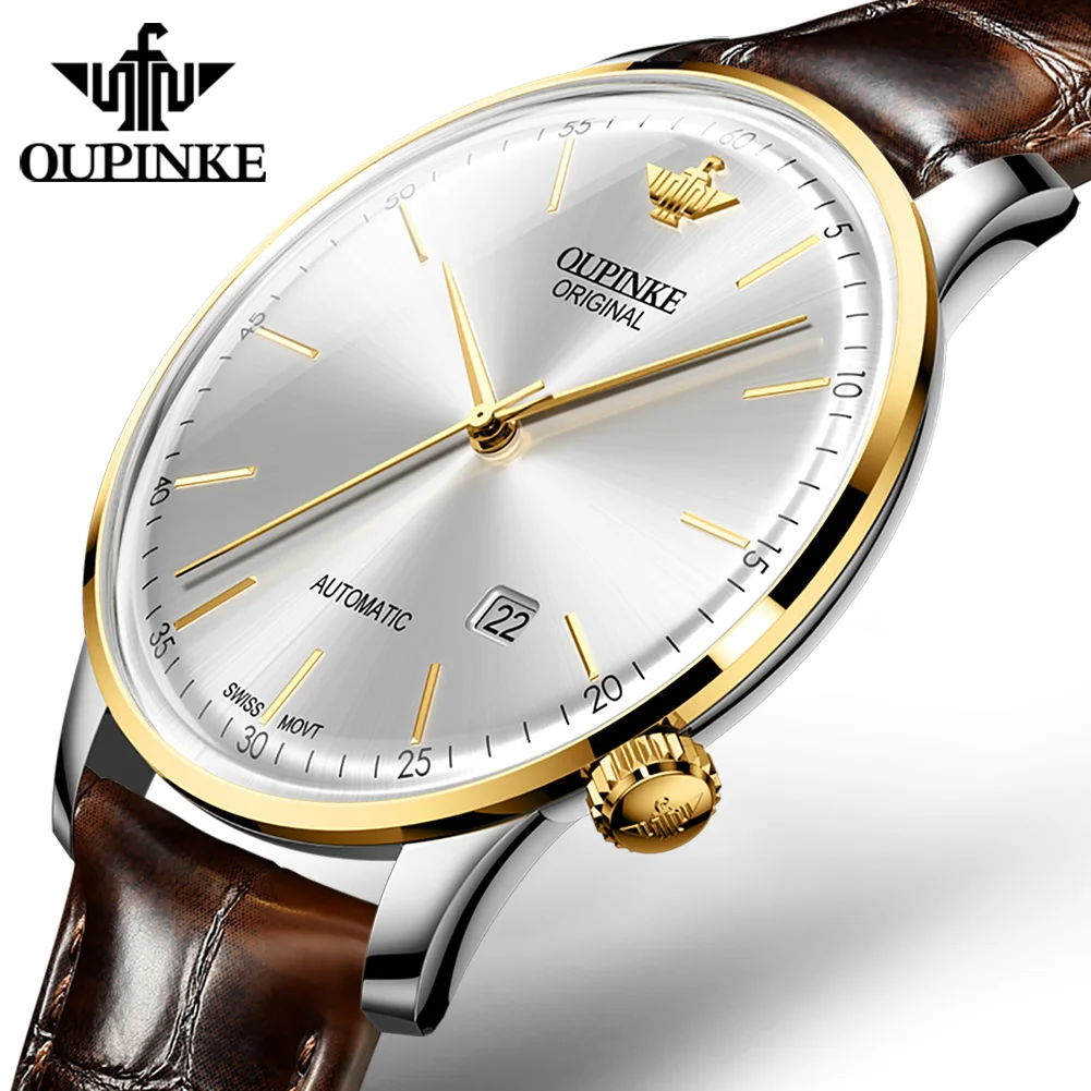 OUPINKE Original Luxury Ultra Thin Watch Men Automatic Mechanical Slim