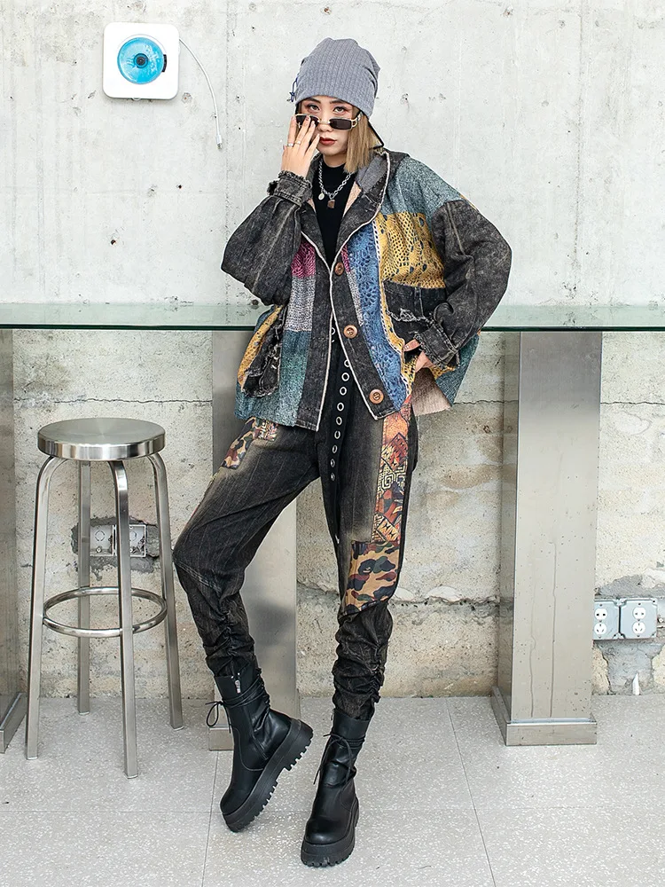 

Woman Retro Printed Knitted Stitching Vintage Streetwear Denim Hooded Coat Cardigan Long Sleeved Wide-waisted Patchwork Jacket