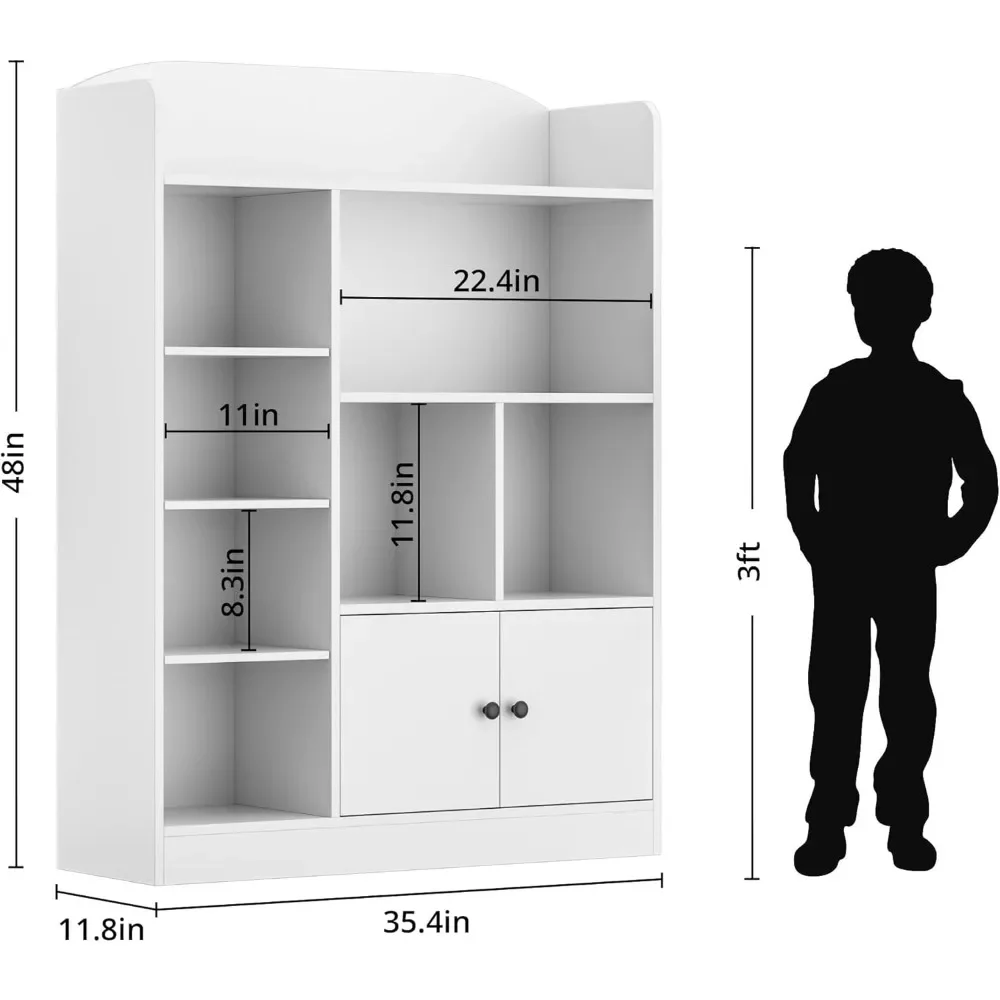 White Kids Bookshelf, Kids Bookcase with 7 Cubbies and 2 Cabinets, Freestanding Book Storage Shelves for Bedroom 2