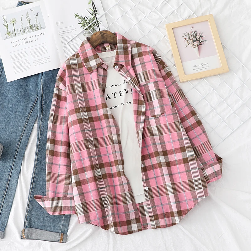 Women's Exquisite Flannel Plaid Shirt - Casual Loose Long Sleeve Blouse