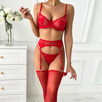 Lencería de San Valentín con corazón de amor, conjunto de ropa interior de tul con medias, lencería Sexy, traje de liga, traje elegante 3