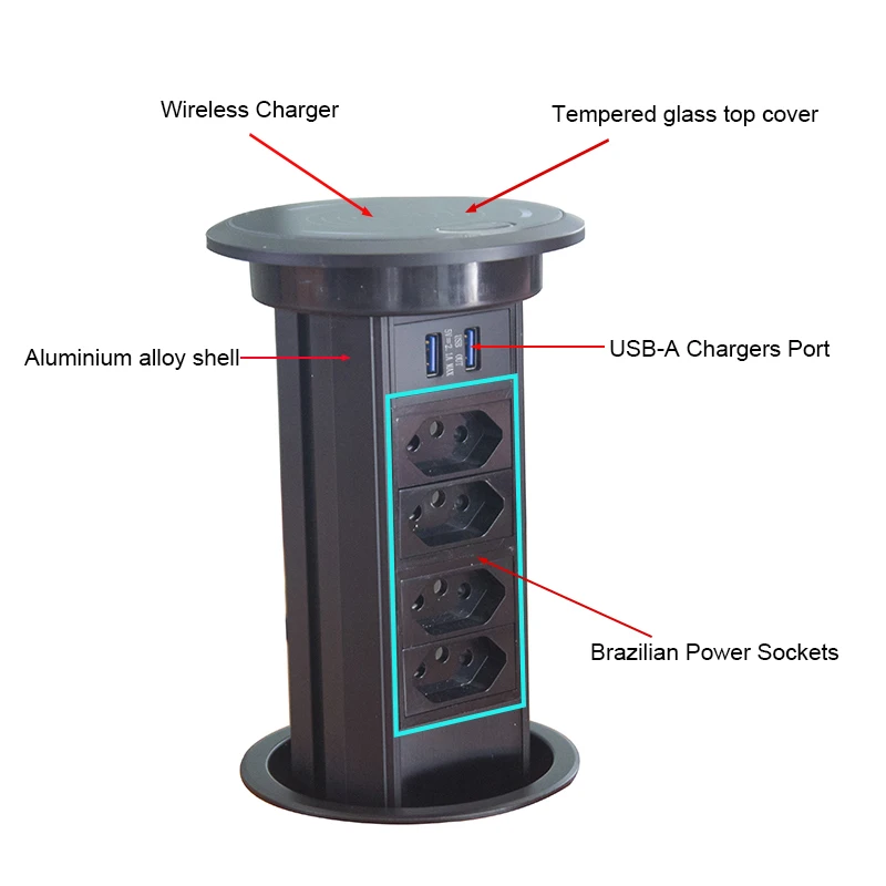 Brazil Plug Motorized Automatic Pop Up Electrical Socket with 2/4 Power Outlets , 2 USB/A+C Charging Port, Wireless Charger - 2