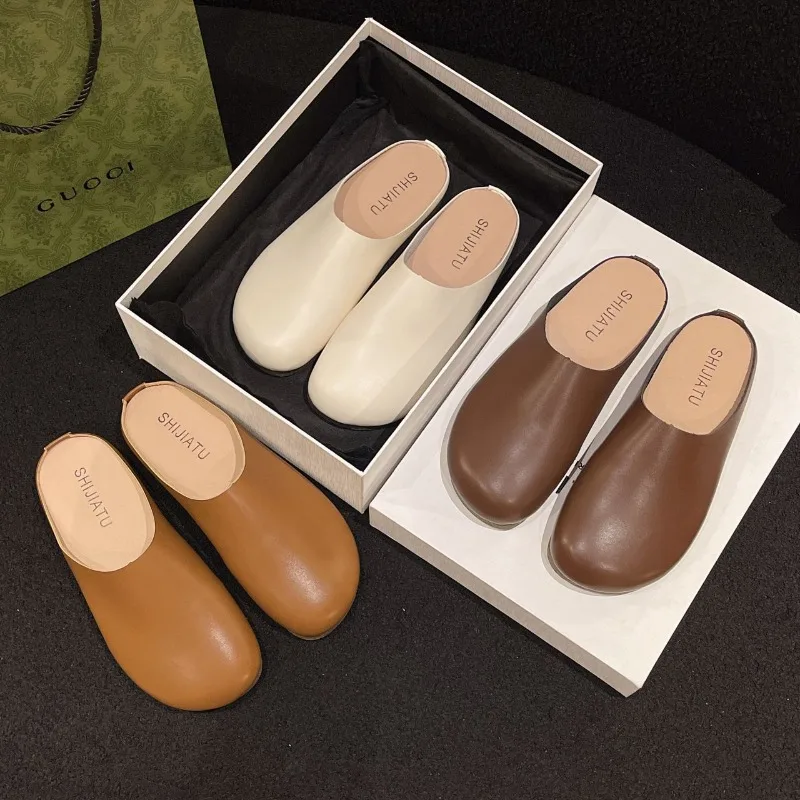 

2024 New Summer Round Head Shallow Mouth Lazy Shoes Soft Sole Non-slip Pregnant Women's Shoes Bao Head Female Half Slippers
