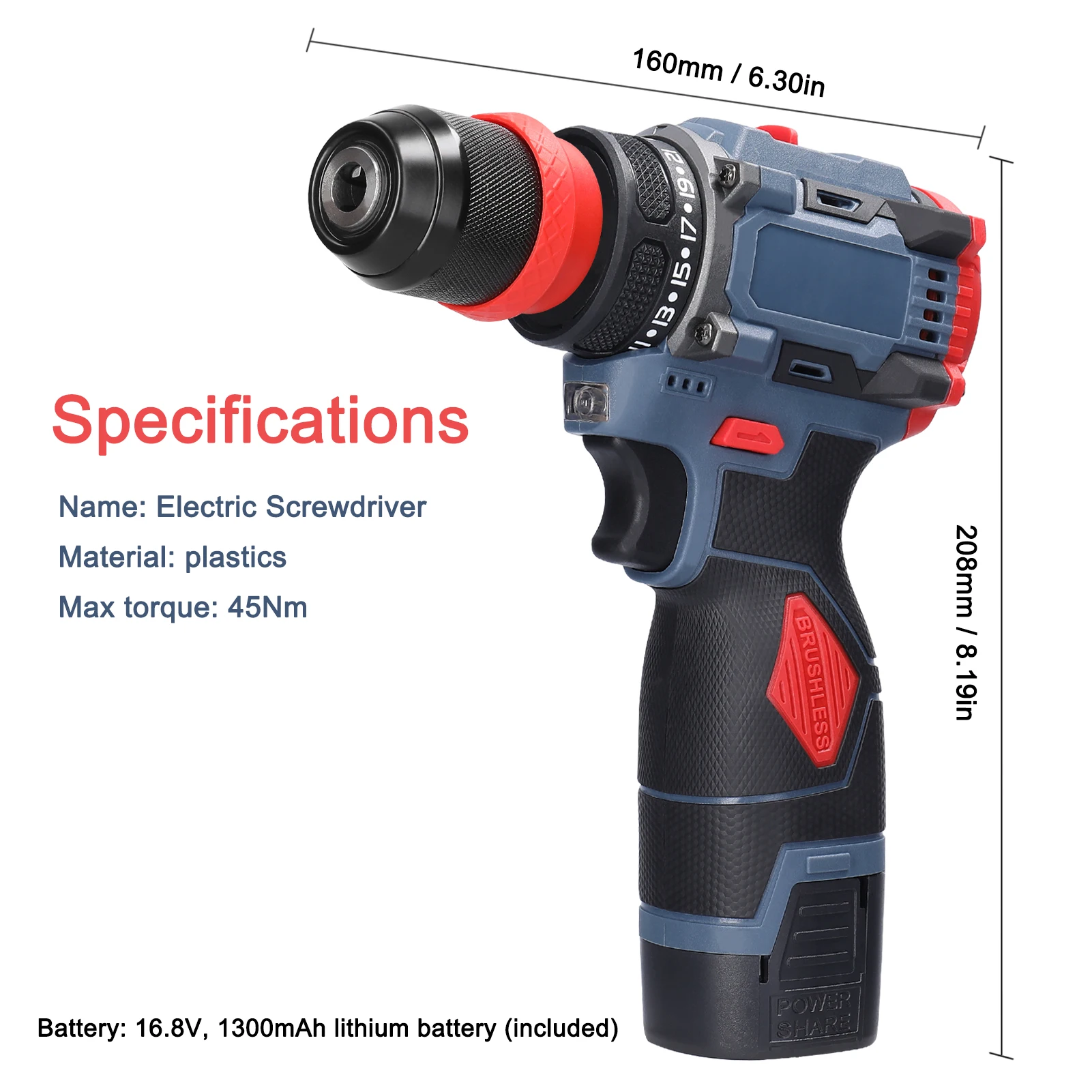 16.8V/21V 2in1 Lithium Drill Electric Screwdriver 45Nm Torque Brushless Motor Screw Driver Multi-function Power Repairing Tools images - 6