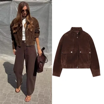 Tidalyf 2025 femmes Faux daim veste col montant à manches longues poche décorative ourlet élastique décontracté Chic automne manteau