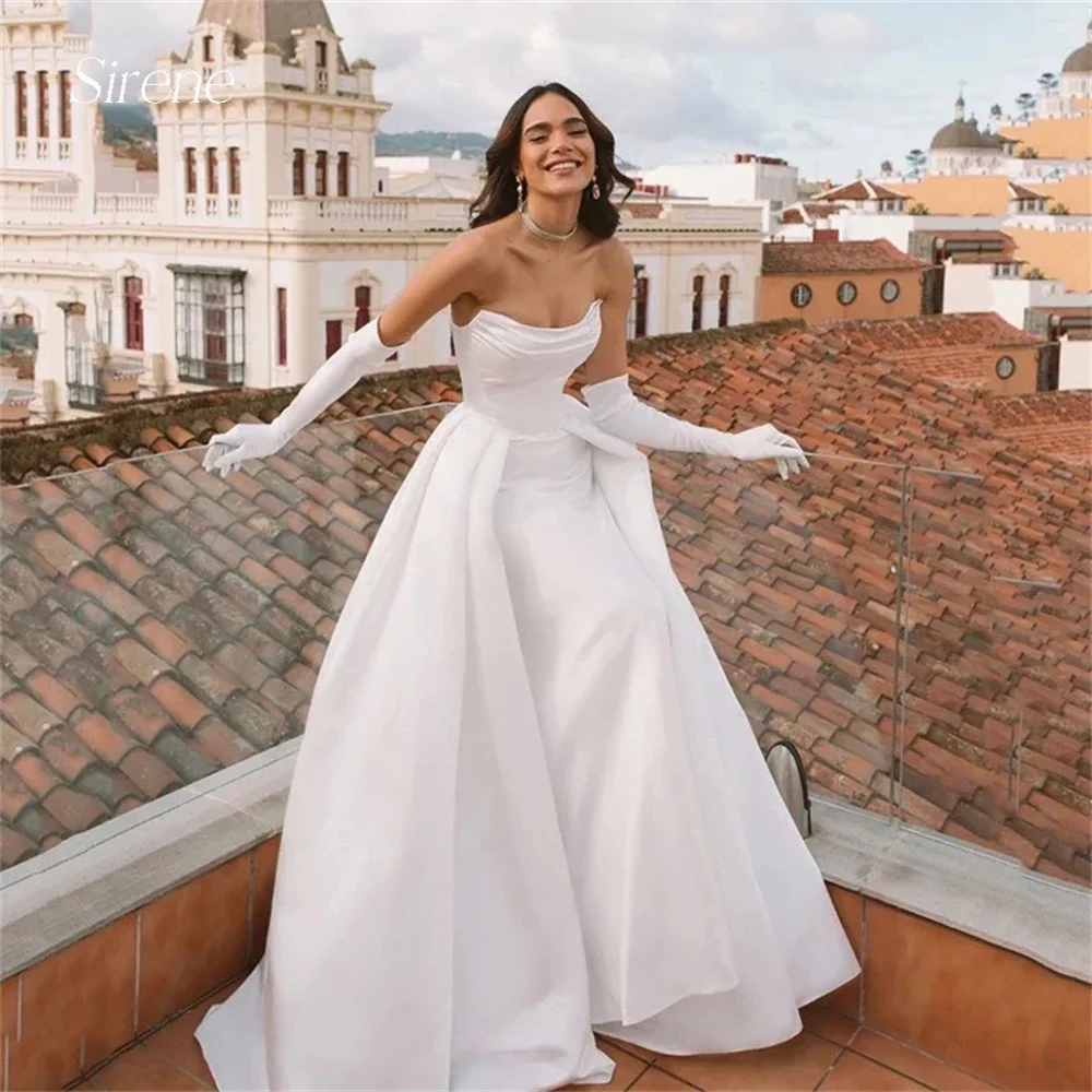 

Sirene Simple Princess Strapless Satin Wedding Dress Beach Pleat A Line Off The Shoulder Side Slit Bridal Gown Custom Made 2024