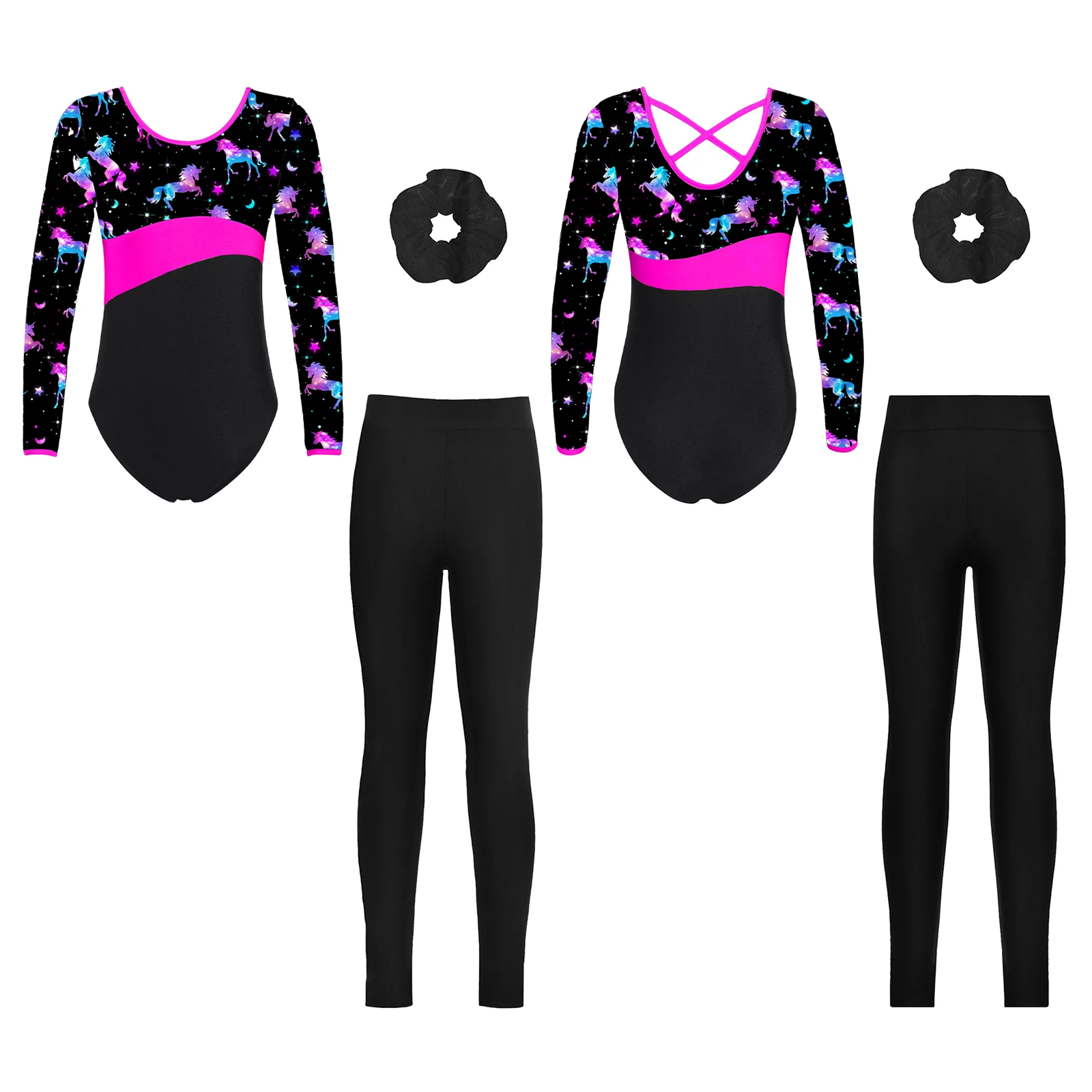 TiaoBug Kids Girls 6 to 14 Years Gymnastics Dance Set Printed Leotard with Elastic Waistband Leggings and Headband for Training