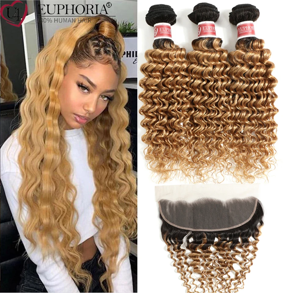 Ombre Blonde Brazilian Remy Human Hair 3 Bundles With Lace Closure Frontal 99J Deep Wave 13x4 EUPHORIA | Шиньоны и парики