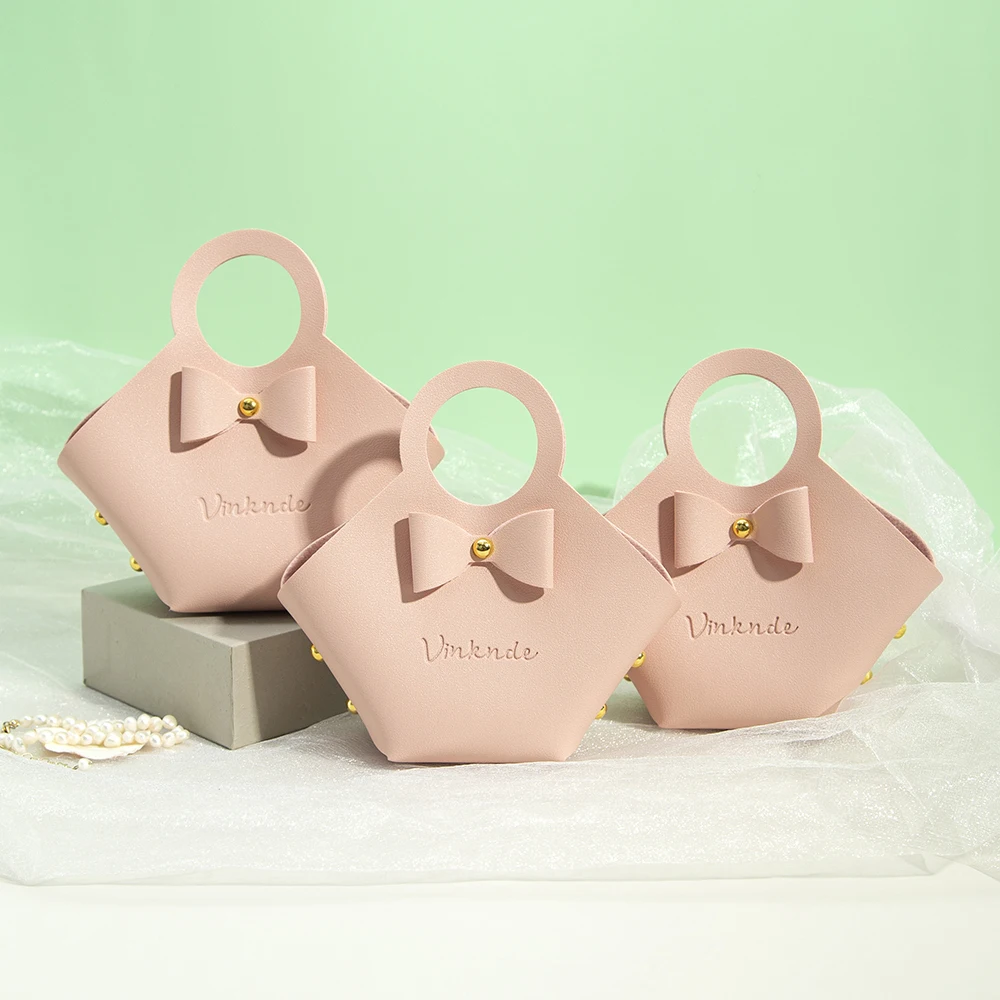 20/50/100Pcs Pink PU Leather Jewelry Bag 16x9x7cm Wedding Candy Chocolate Handbag with Bowknot Baby Shower Storage Basket Pouch