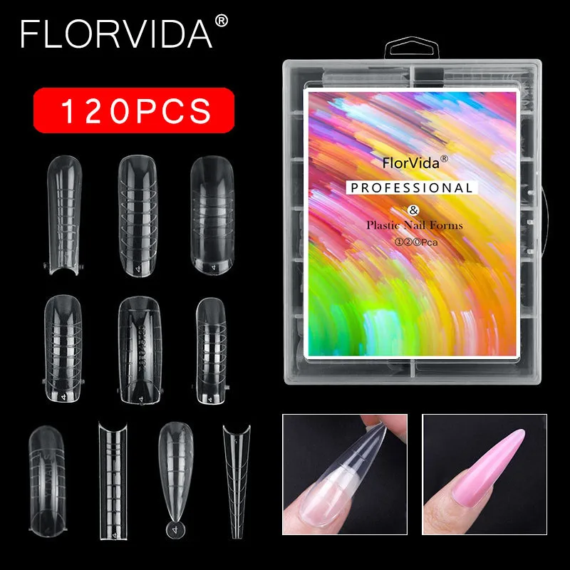 Florvida 100Pcs Kit Plastica Unghie Finte Art Dual Form French Tips Poly Gel Extension Mode Acrilico Manicure Tool Accessori Set