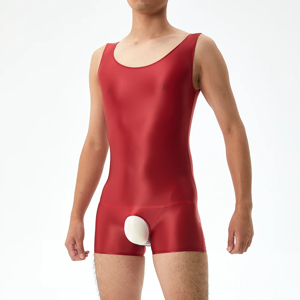 Sexy Mens Classic Glossy Crotchless Sleeveless Slight Strech Erotic Shorts Seamless Jumpsuits Comfortable Bodysuit Underwear