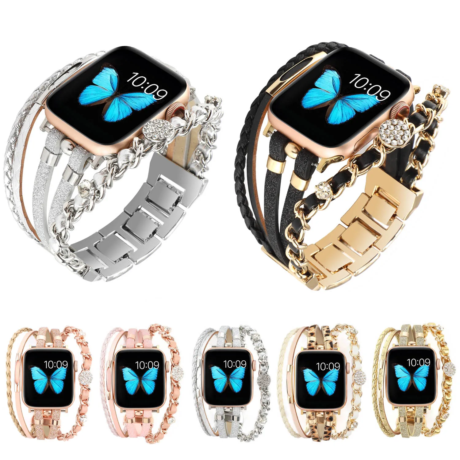 

Crystal Metal Leather Band For Apple Watch Series 8 7 41mm 45mm Strap For iWatch Ultra 49mm 6 3 4 5 SE 40 38 42 44mm Bracelet
