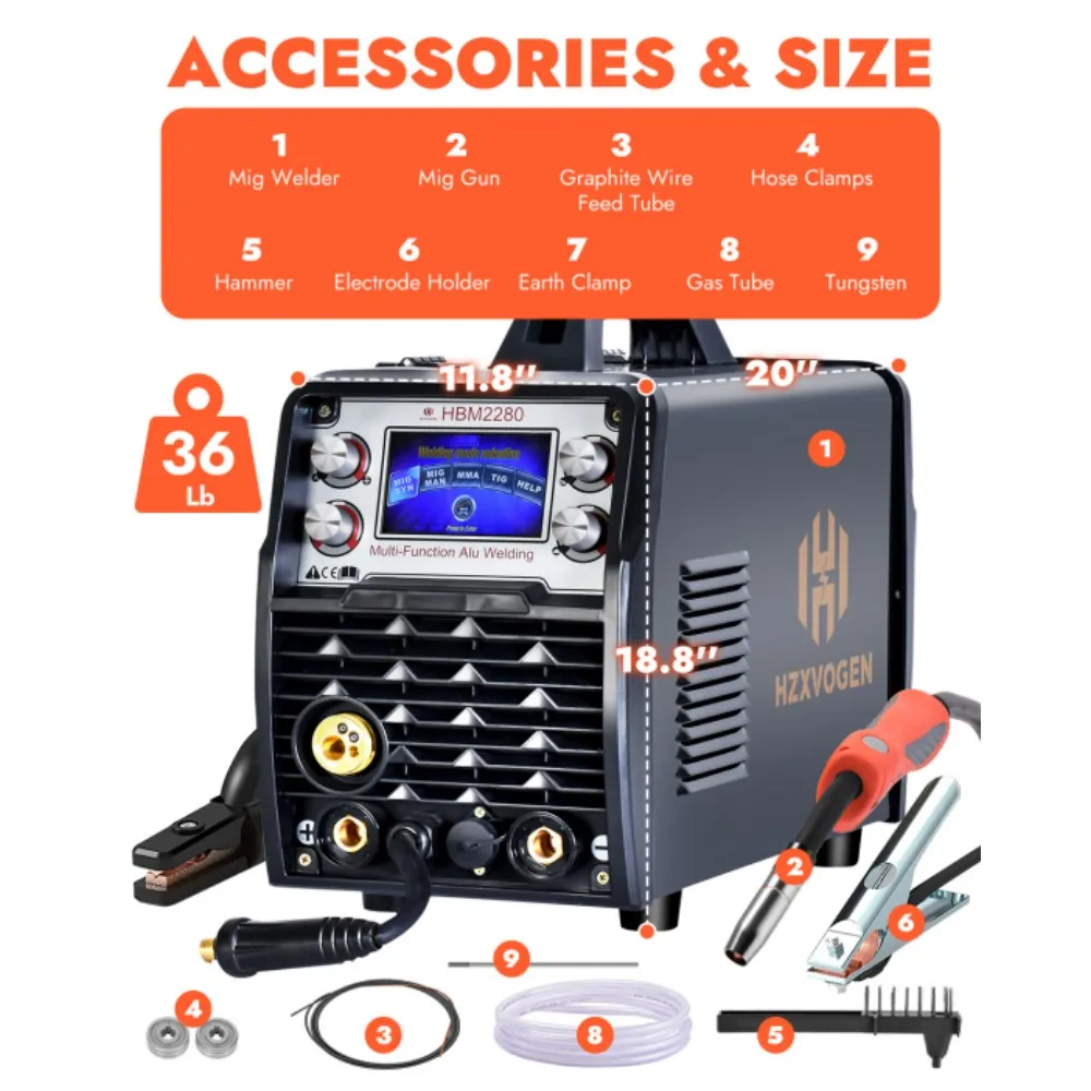 HZXVOGEN 5 In 1 Gasless/Gas MIG ARC/MMA Tig HBM2280 Aluminium Synergy Semi-automatic Welding Machine Tools сварочный полуавтомат