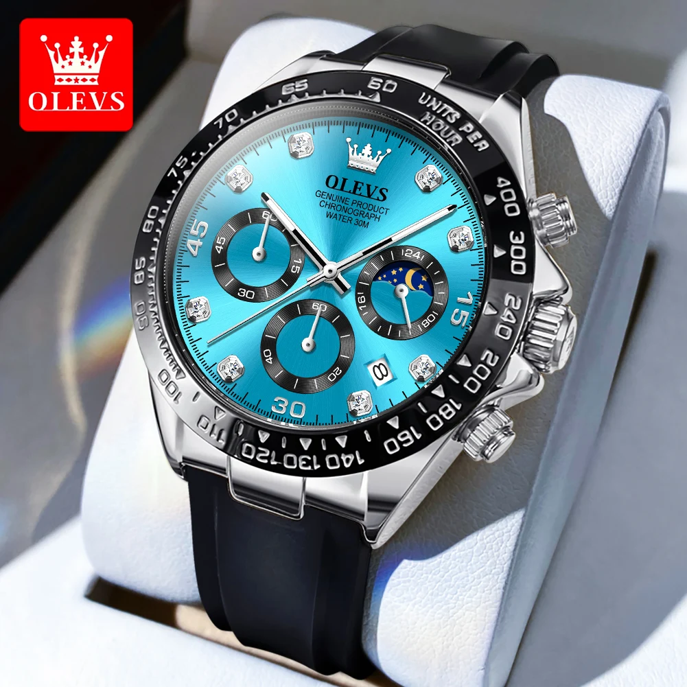 OLEVS Watches for Men Chronograph Analog Quartz Watch Moon Phase Silicone Diamond Waterproof Luminous Watches Relogio Masculino m vave phaser analog phase guitar effect pedal