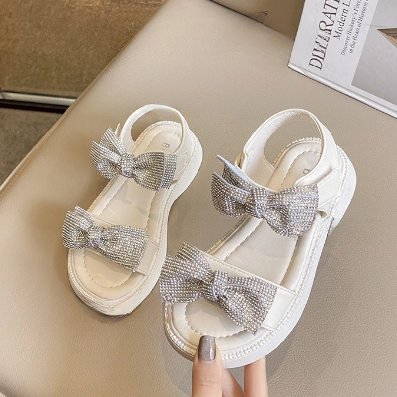 

Kids Sandal Rhinestone Bowtie Girls Summer Open-toe Sandals Fashion Versatile Children's Causal School Beach Sandals Hook Loop