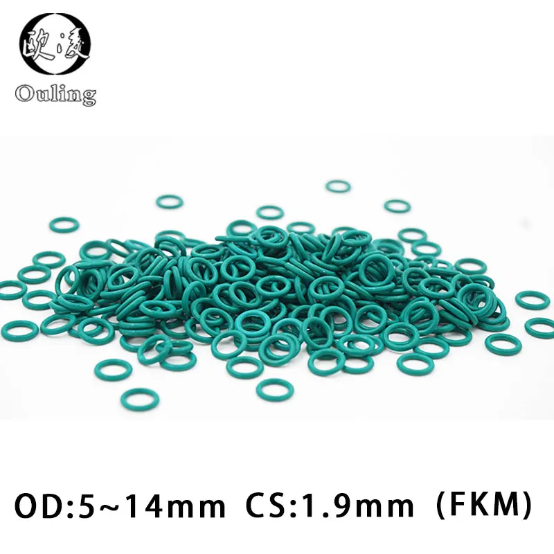 

20PCS/lot Rubber Ring Green FKM O rings Seal CS1.9mm Thickness OD 5/6/7/8/9/10/11/12/13/14mm ORing Seal Oil Gasket Fuel Washer